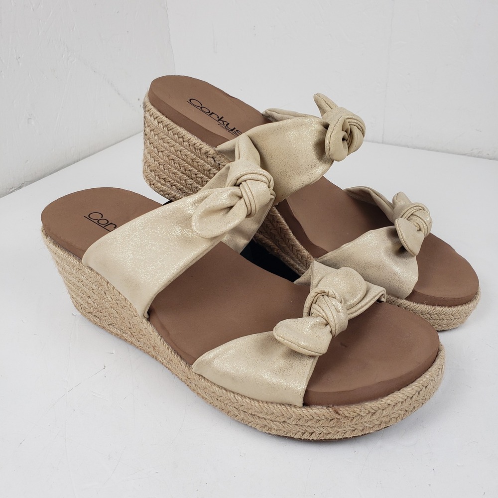 Corkys Tie The Knot Champagne Gold Espadrille Wedge Sandals Size 11